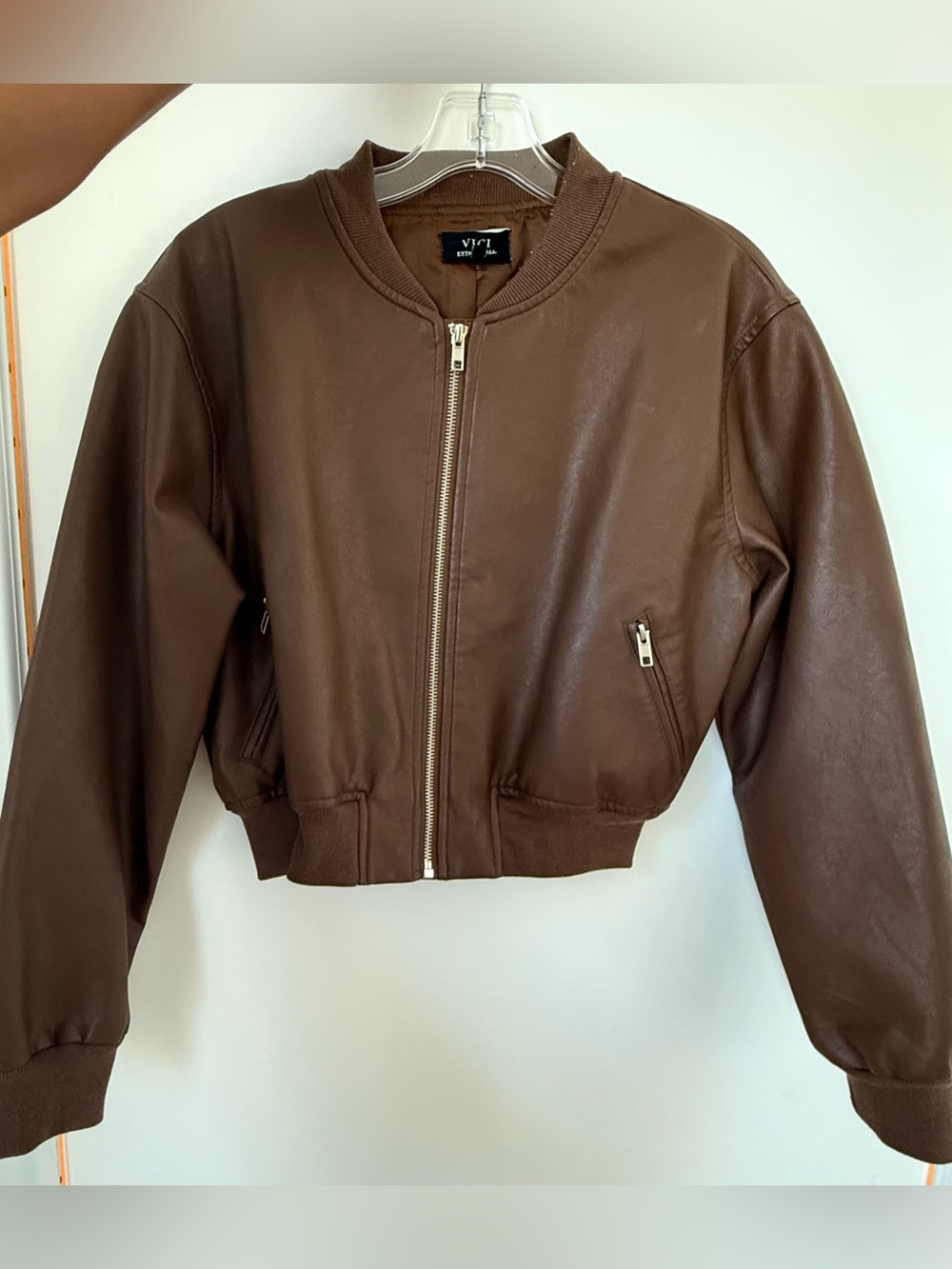 VICI Collection Chocolate Brown Faux Leather Bomber Jacket